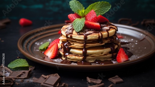 Delicious Pancake Stack Topped with Chocolate and Strawberries