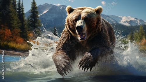 Majestic Grizzly Bear in Action, Skillfully Hunting Fish in Natural Habitat - AI-Generative © Being Imaginative