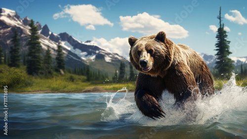 Majestic Grizzly Bear in Action, Skillfully Hunting Fish in Natural Habitat - AI-Generative © Being Imaginative