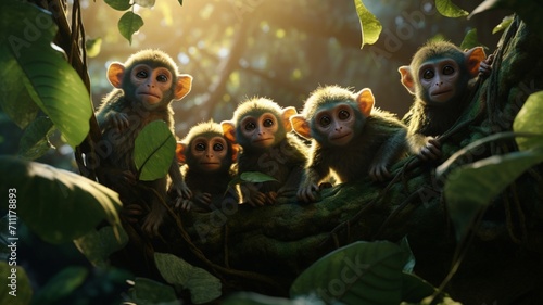 Close-knit Macaca Monkeys Family Enjoying a Tranquil Moment on a Leafy Tree Branch - AI-Generative photo