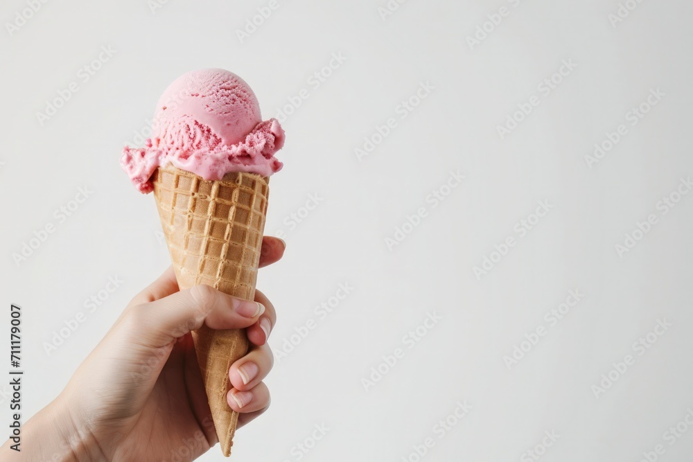 hand holding an ice cream cone against a white background, exquisite details of the ice cream, color, and tempting nature of the treat. hand holding an ice cream cone against a white background, exquisite details of the ice cream, color, and tempting nature of the treat.