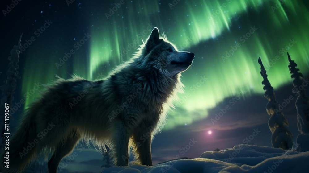 Majestic Pack of Wolves Bathed in the Radiant Glow of the Northern Lights - AI-Generative