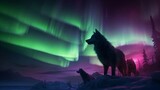 Majestic Pack of Wolves Bathed in the Radiant Glow of the Northern Lights - AI-Generative