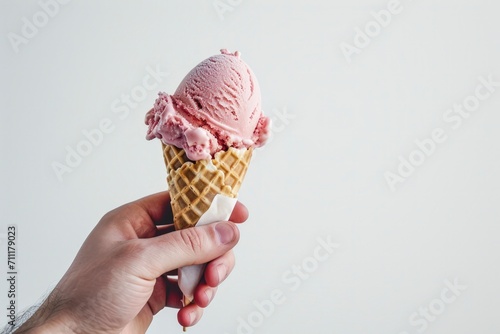 hand holding an ice cream cone against a white background, exquisite details of the ice cream, color, and tempting nature of the treat. 