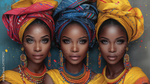 Horizontal poster with three female faces of beautiful African women wearing ethnic head wraps for Black History Month. The beauty of a different culture and aesthetic. Afro traditional scarf photo
