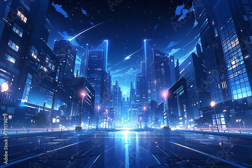 アニメ風の夜の都市の風景イラスト
