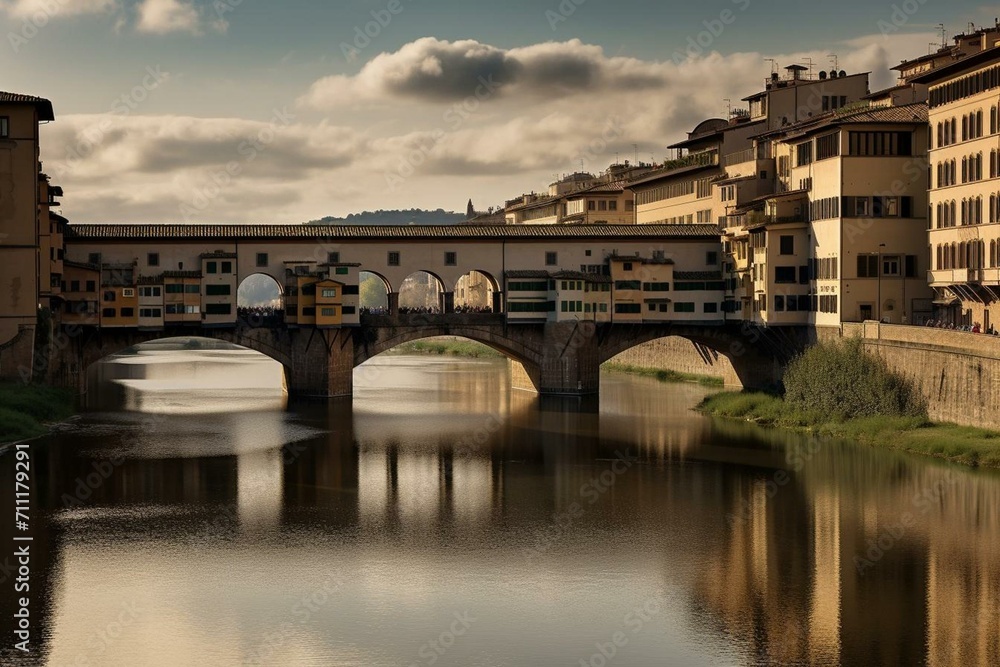 Bridge and promenade in Florence, Italy. Generative AI