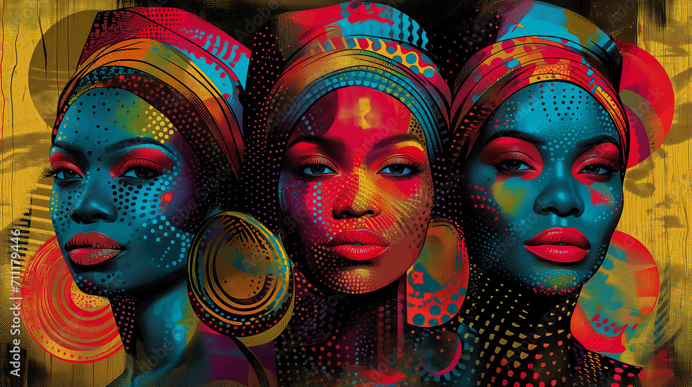 Multicolored poster with three female faces of beautiful African women wearing ethnic head wraps for Black History Month. The beauty of a different culture and costume. Afro traditional turban Multicolored poster with three female faces of beautiful African women wearing ethnic head wraps for Black History Month. The beauty of a different culture and costume. Afro traditional turban