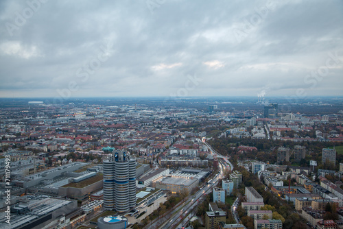Munich Cityscape Aerial View with Autumn Clouds and Skyline