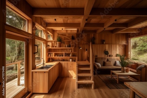 Cozy wooden cabin with timber interiors. Generative AI © Benjamin