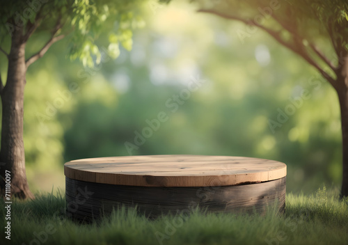 nature background and round wooden podium for product display mockup ai generated © XMind