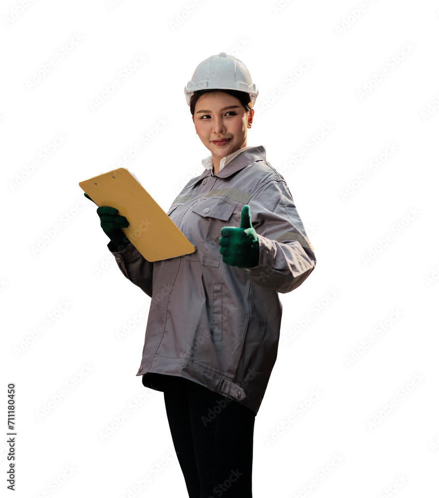 Female worker or Engineer wearing safety helmet and on transparent background