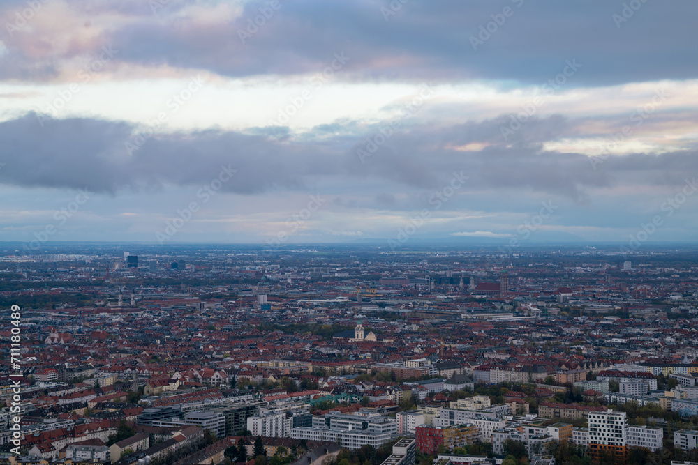 Autumn Sunset to Nightfall Over Munich Skyline Aerial View