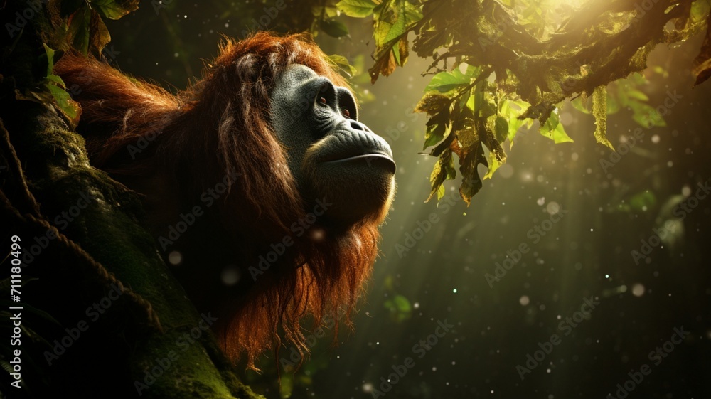 Obraz premium Playful Orangutan Amidst Lush Tropical Foliage - AI-Generative