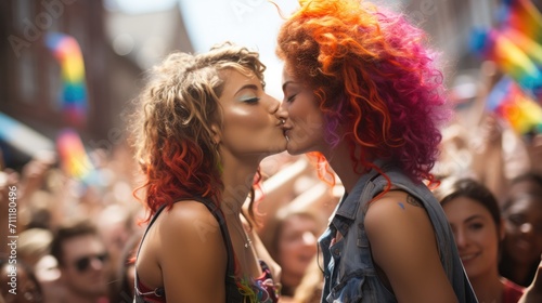 lesbians kissing on pride parade.