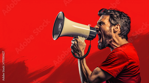Person with megaphone on red background.