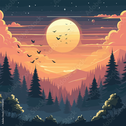 Free vector Landscape with the forest at sunset with deer