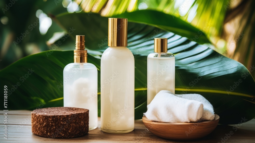 Elegant Spa Essentials Amidst Lush Green Foliage Elegant Spa Essentials Amidst Lush Green Foliage