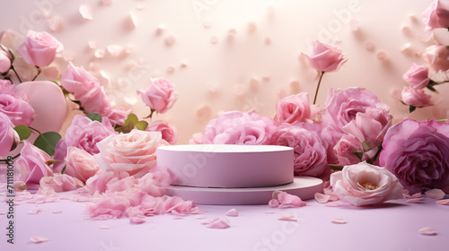 Pink Podium background flower rose product. spring table beauty stand displays nature white. Garden rose floral summer background