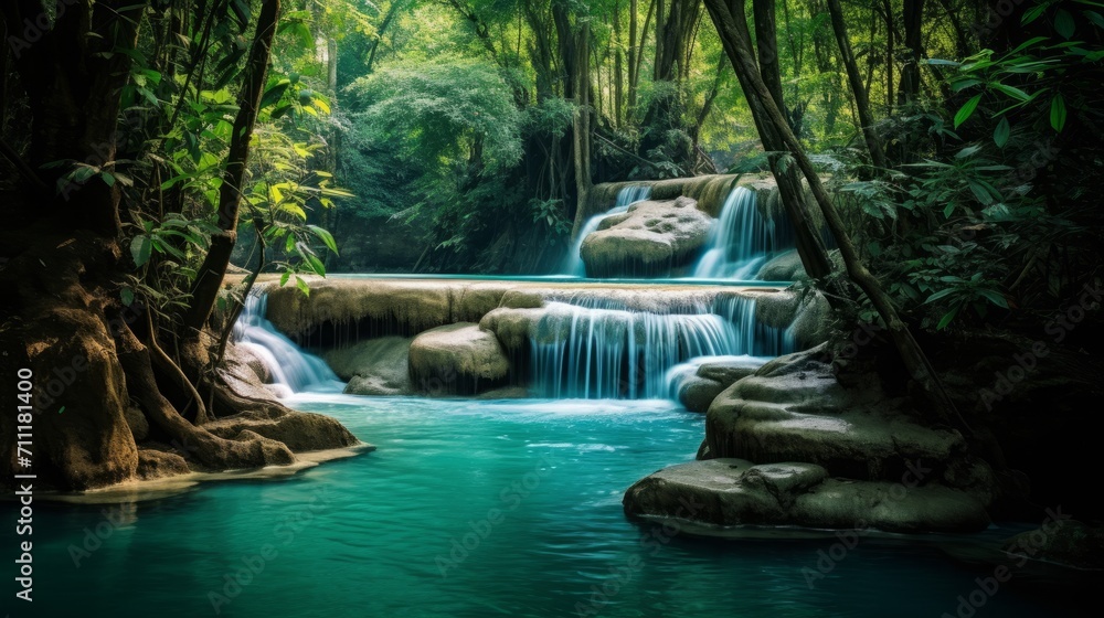 Fototapeta premium Enchanting Waterfall in Lush Tropical Forest