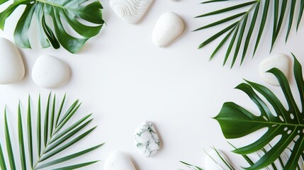 Top view of natural white stones and palm leaves on a white background. Spa background, top view. A tropical summer background for luxury product placement
