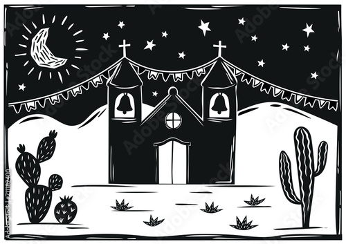 Festa Junina in northeastern Brazil. Church with starry sky. Woodcut vector, cordel style