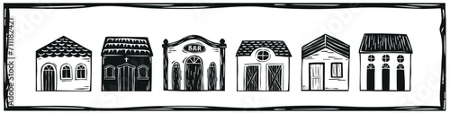 Village of simple houses in the interior of Brazil, woodcut vector, in the Cordel style of the Brazilian Northeast