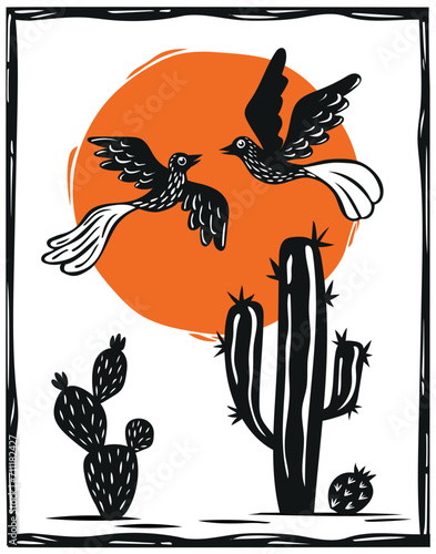 Landscape with scorching sun, couple of birds flying and many cacti in a desert. Cordel style woodcut vector