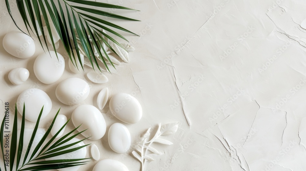 Top view of natural white stones and palm leaves on a white background. Spa background, top view. A tropical summer background for luxury product placement Top view of natural white stones and palm leaves on a white background. Spa background, top view. A tropical summer background for luxury product placement