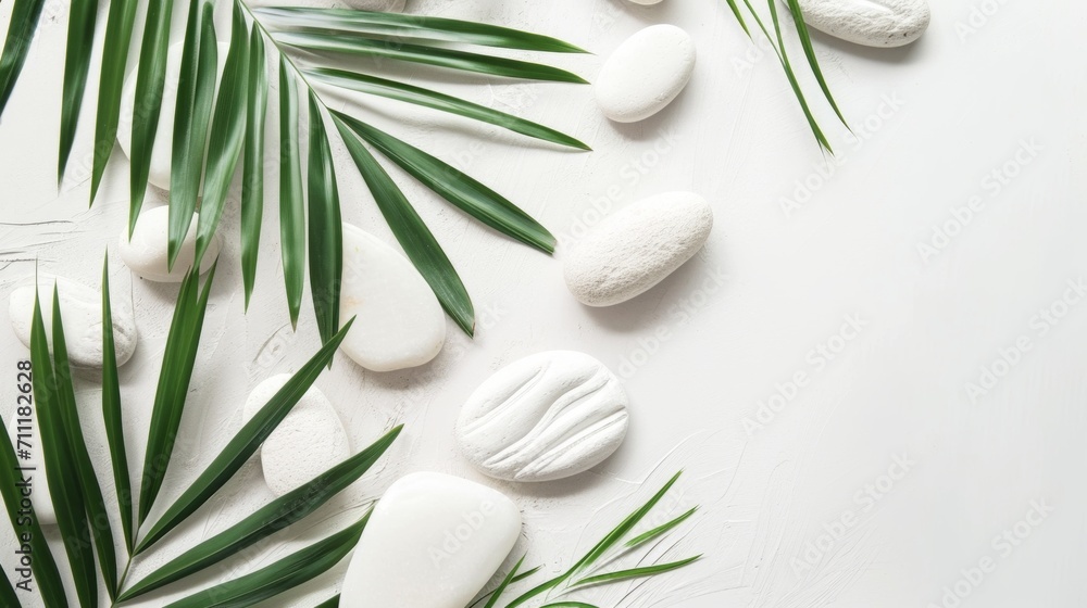Top view of natural white stones and palm leaves on a white background. Spa background, top view. A tropical summer background for luxury product placement