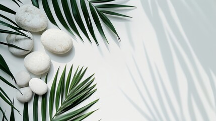 Top view of natural white stones and palm leaves on a white background. Spa background, top view. A tropical summer background for luxury product placement