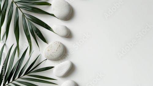Top view of natural white stones and palm leaves on a white background. Spa background  top view. A tropical summer background for luxury product placement