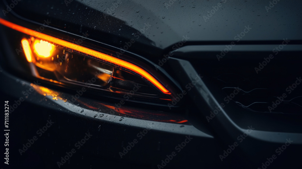 An illuminated vehicle headlight detail, accentuated by raindrops and a dark, wet surface.