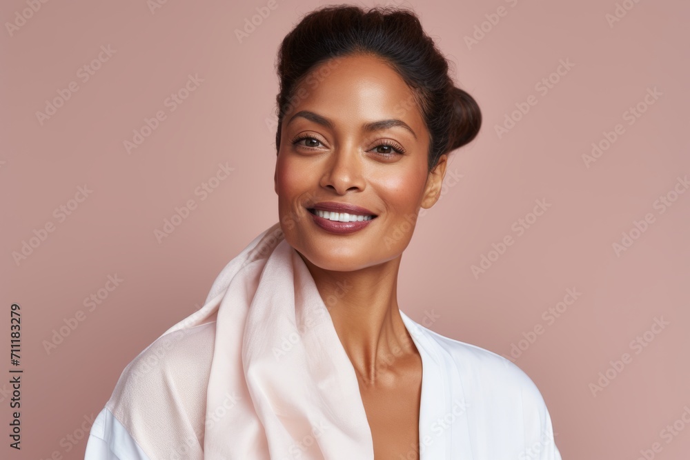 Cheerful young African woman in bathrobe looking at camera and smiling while standing against pink background Cheerful young African woman in bathrobe looking at camera and smiling while standing against pink background
