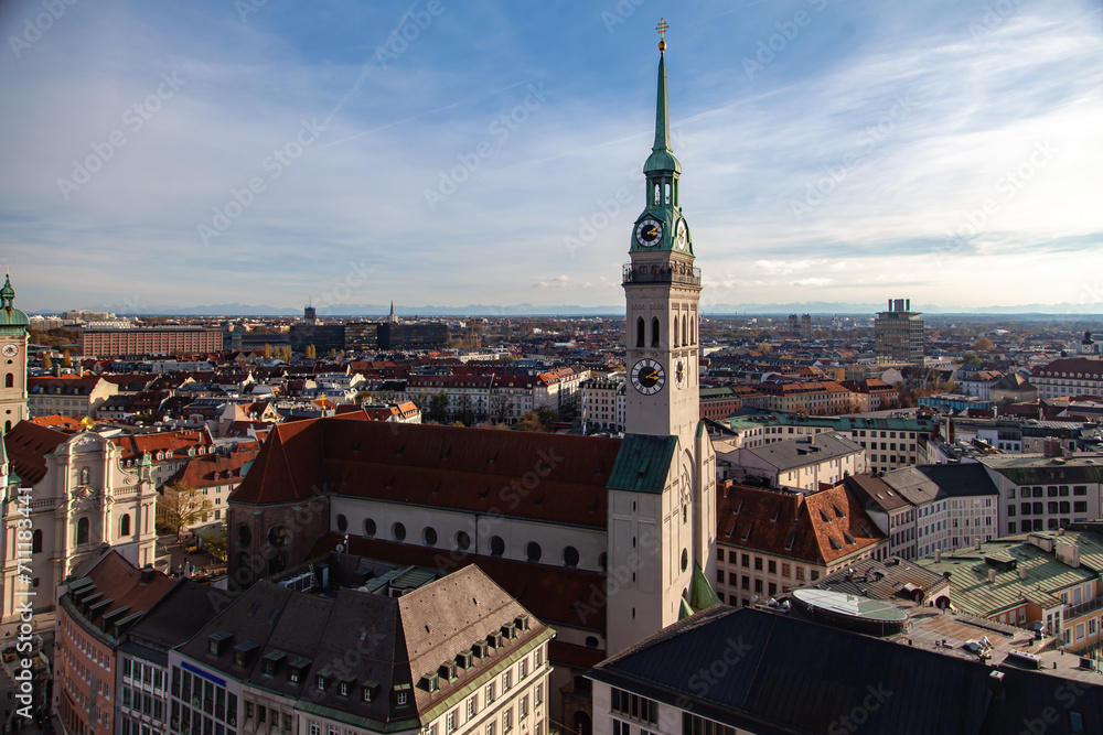 Aerial View of Munichâ€™s Marienplatz, Tourists and Gothic Church