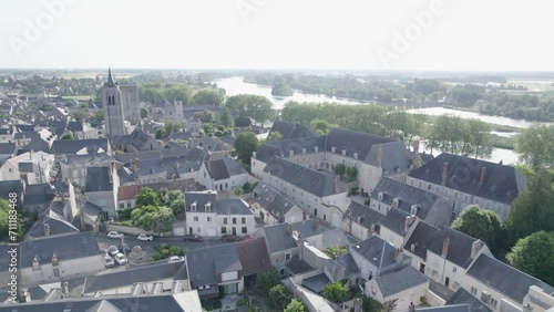 Beaugency Medieval City Near Loire River, Habitation and Monument - Aerial Orbital Shot