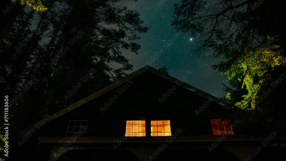 Timelapse of stars behind a rustic cozy cabin in the woods of New England on a summer evening with the Milky Way visible behind thin clouds passing by Timelapse of stars behind a rustic cozy cabin in the woods of New England on a summer evening with the Milky Way visible behind thin clouds passing by