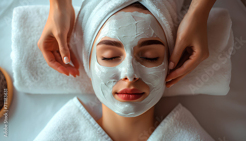 Woman in mask on face in spa beauty salon photo