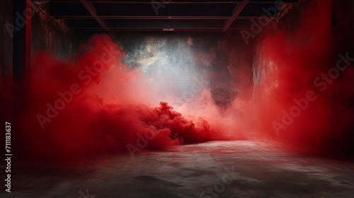 concrete floor and red smoke background with sunlight photo