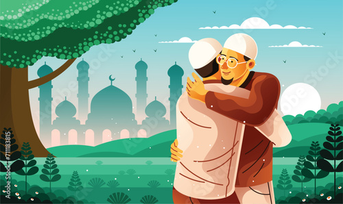 Muslim Embrace on Eid Al-Fitr Celebration Illustration