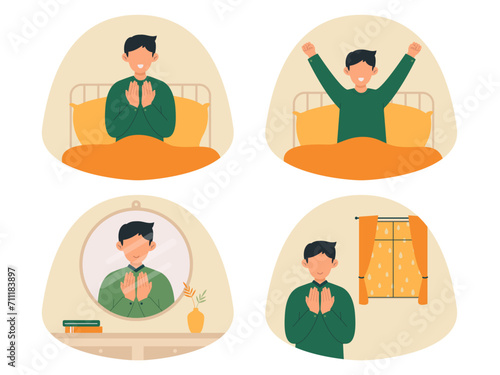 Illustration of Muslim man doing daily prayer collection