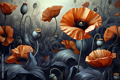 classic orange poppy flower in dark theme background painting illustration for wall art, craft work, card, wallpaper and background 