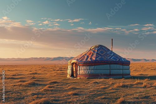 A nomadic retreat with a beautifully patterned yurt - Generative AI photo