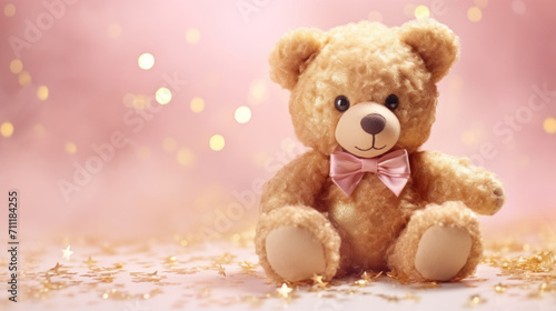 A charming teddy bear with a pink bow tie seated against a sparkling pink backdrop with golden star confetti.