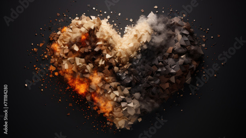 Artistic representation of a heart disintegrating into pieces with contrasting elements of fire and ice.