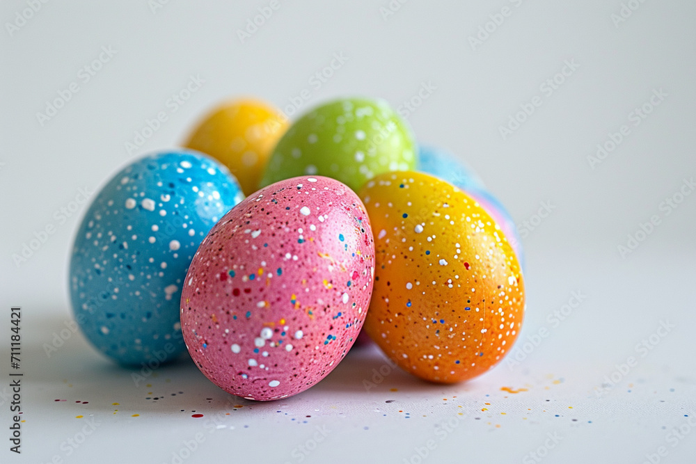 Vivid elegance unfolds as multicolored eggs artfully grace a ball on a pure white canvas. A harmonious blend of color and simplicity captivates in this exquisite image. Vivid elegance unfolds as multicolored eggs artfully grace a ball on a pure white canvas. A harmonious blend of color and simplicity captivates in this exquisite image.