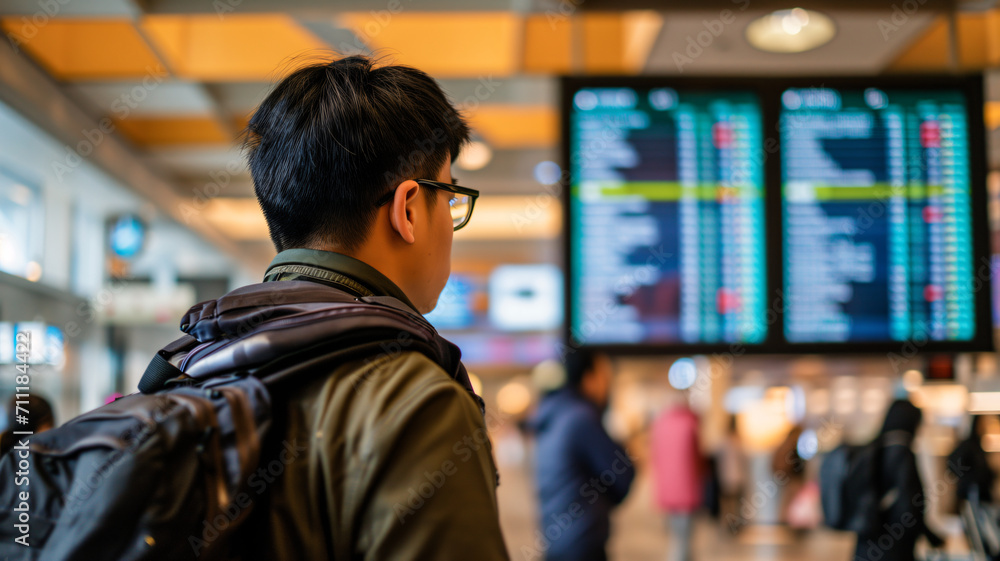 A tourist looks at the departure schedule screen at the airport A tourist looks at the departure schedule screen at the airport