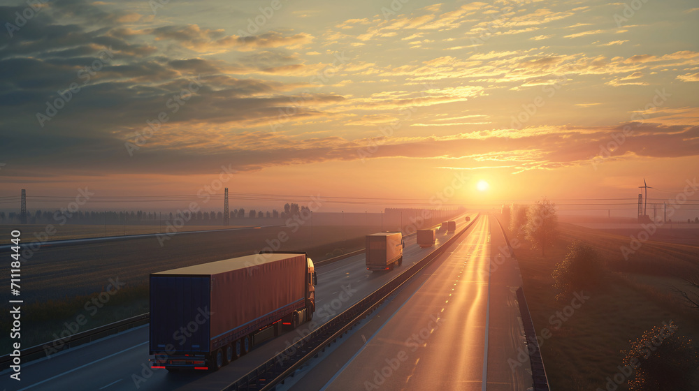 Obraz premium Delivery truck on the highway with sunset background.