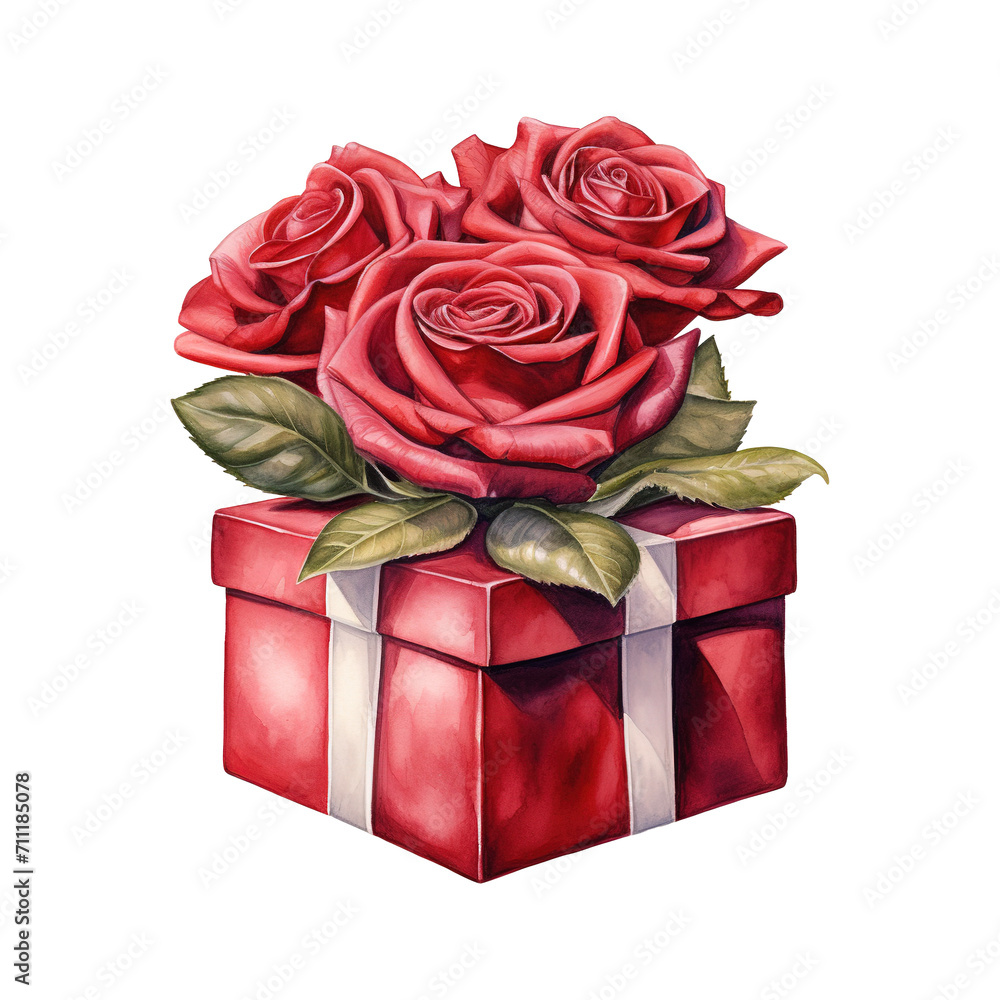Red Roses on a Red Gift Box with a Bow. AI Generated Image Red Roses on a Red Gift Box with a Bow. AI Generated Image