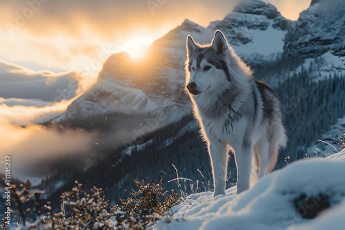 Husky on a Snow Covered Mountain at Sunrise